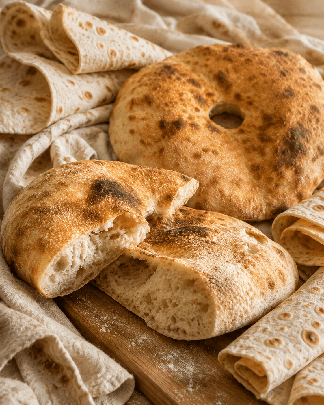 Stack of fresh-baked lavash bread on a wooden plate, golden with traditional brown spots